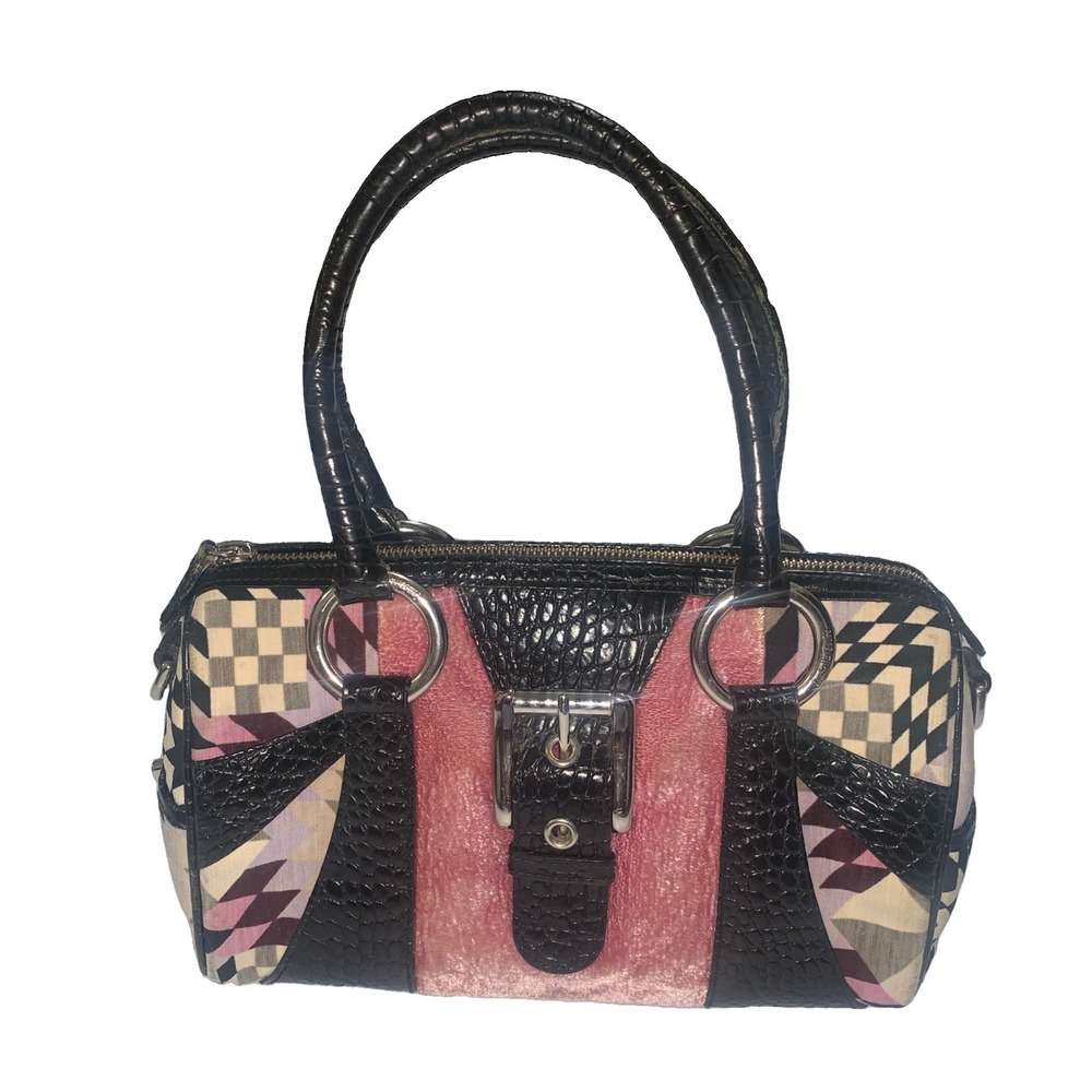 Isabella Fiore Geometric Croc-Embossed Leather Satchel Bag Boston Purse Black